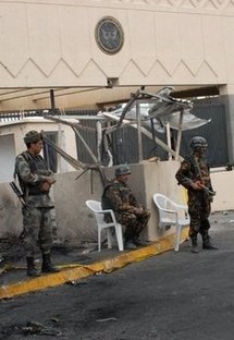 Yemeni guards outside the US embassy in Sanaa, one day after an attack on the embassy killed 19 people in 2008 Yemeni guards outside the US embassy in Sanaa, one day after an attack on the embassy killed 19 people in 2008
