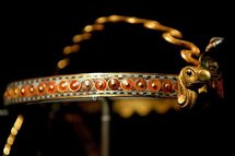 A close up view of the diadem on display during 'Tutankhamun and the Golden Age of the Pharaohs' A close up view of the diadem on display during 'Tutankhamun and the Golden Age of the Pharaohs'