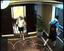 An image taken from hotel surveillance camera footage, released by Dubai police, allegedly shows two murder suspects following Mahmud Al-Mabhuh(AFP/Dubai Police)