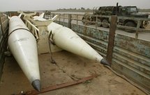 Two Iraqi Scud missiles in a truck trailer in 2003. Two Iraqi Scud missiles in a truck trailer in 2003.