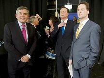 Prime Minister Gordon Brown (left), Conservative opposition leader David Cameron, and Liberal Democrat leader Nick Clegg are seen preparing for the live television debate, in the ITV studios in Manchester. (AFP/ITV/Ken McKay)