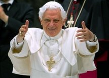 Pope Benedict XVI waves to faithful at the end of an audience with participants at the 'Digital witness' meeting made by the CEI (Italian Episcopal Community) in the Sala Nervi in the Vatican.