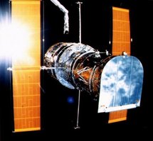 The Hubble Space Telescope as it was deployed from the Space Shuttle Discovery in April 1993. The Hubble Space Telescope as it was deployed from the Space Shuttle Discovery in April 1993.