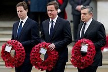 Liberal Democrat chief Nick Clegg, Conservative leader David Cameron and Prime Minister Gordon Brown attend a VE Day memorial service at the Cenotaph in central London.