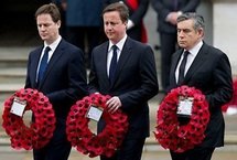 Liberal Democrat chief Nick Clegg, Conservative leader David Cameron and Prime Minister Gordon Brown attend a VE Day memorial service at the Cenotaph in central London. Liberal Democrat chief Nick Clegg, Conservative leader David Cameron and Prime Minister Gordon Brown attend a VE Day memorial service at the Cenotaph in central London.