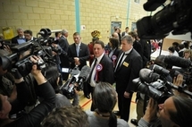 BNP leader Nick Griffin speaks to the media.