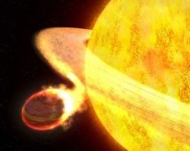 This NASA artist's concept image shows that WASP-12b is in the process of being devoured by the star that it orbits. This NASA artist's concept image shows that WASP-12b is in the process of being devoured by the star that it orbits.