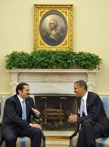 Lebanese Prime Minister Saad Hariri (left) and US  President Barack Obama during a meeting in the Oval Office of the White House in Washington