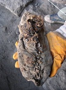 A handout image released in London and made available by University College Cork in Ireland, shows the 5,500-year-old leather moccasin. A handout image released in London and made available by University College Cork in Ireland, shows the 5,500-year-old leather moccasin.