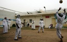 Former Saudi Al-Qaeda Islamists play volleyball at a rehabilitation centre for militants in Riyadh.