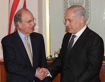 US Middle East envoy George Mitchell (left) shakes hands with Israeli Prime Minister Benjamin Netanyahu.