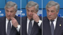 EU's Antonio Tajani sports red make-up for anti-violence campaign