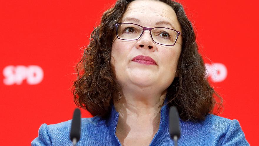 Andrea Nahles, leader of Germany's SPD, leaves a party in ruins
